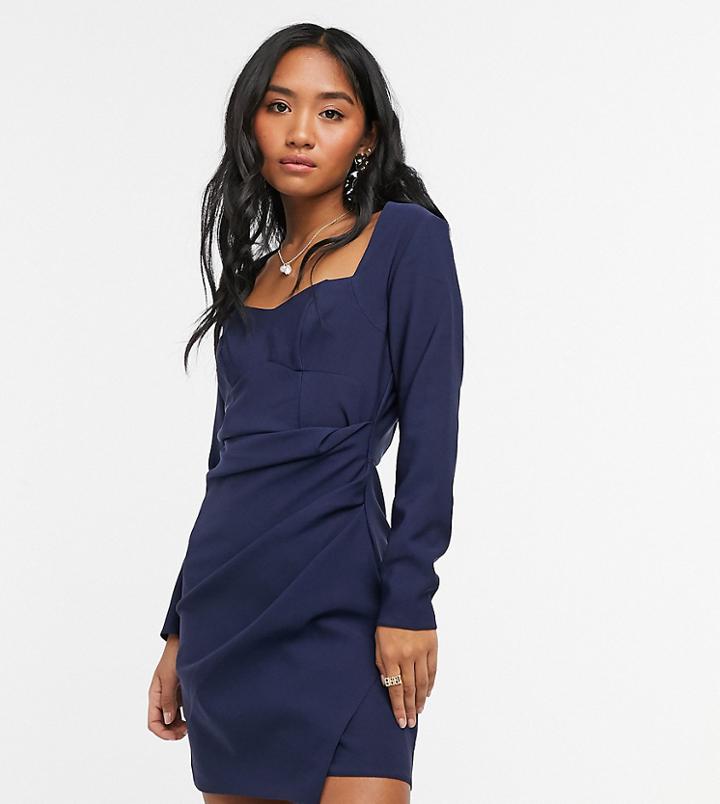 Asos Design Petite Sweetheart Neck Mini Dress With Ruched Wrap Skirt In Navy
