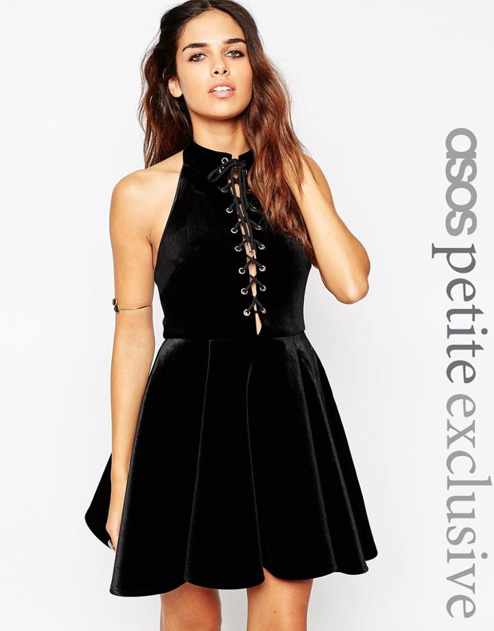 Asos Petite Velvet Skater Dress With High Neck & Tie Front - Black