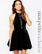 Asos Petite Velvet Skater Dress With High Neck & Tie Front - Black