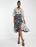 Liquorish Monochrome Print Fake Wrap Dress With Flared Sleeves In Black And White-multi