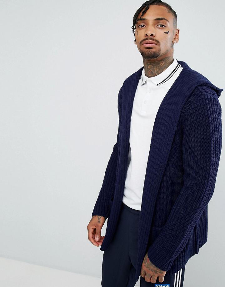 Asos Knitted Cardigan With Hood In Navy - Navy