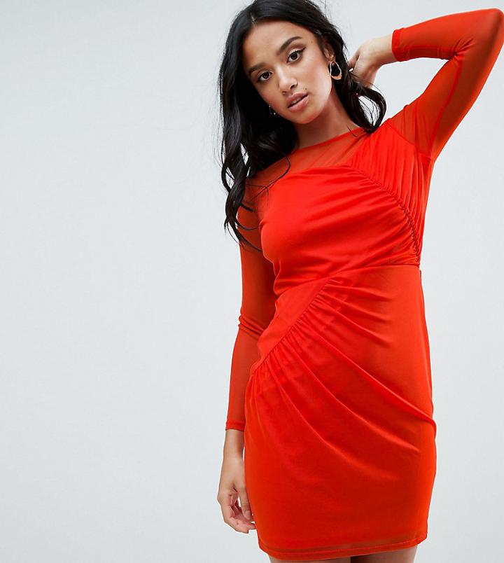Asos Petite Mesh Mini Dress With Ruched Details-red