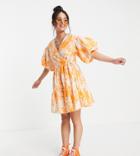 Collusion Broderie Mini Wrap Dress In Acid Wash In White And Orange
