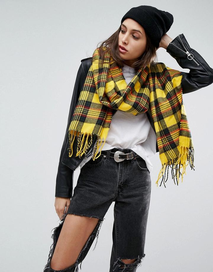 Asos Long Woven Bright Yellow Plaid Scarf With Tassels - Yellow