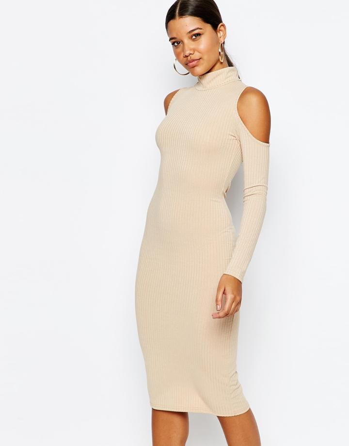 Club L High Neck Cold Shoulder Rib Dress - Nude