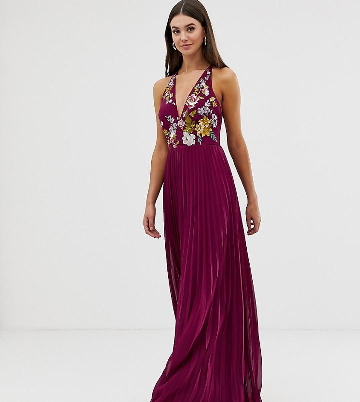 Asos Design Tall Embroidered Maxi Dress With Halter Neck And Pleated Skirt-purple