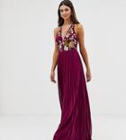 Asos Design Tall Embroidered Maxi Dress With Halter Neck And Pleated Skirt-purple