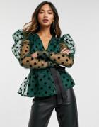 Forever U Textured Dot Puff Sleeve Blouse With Contrast Waist Tie In Emerald Green