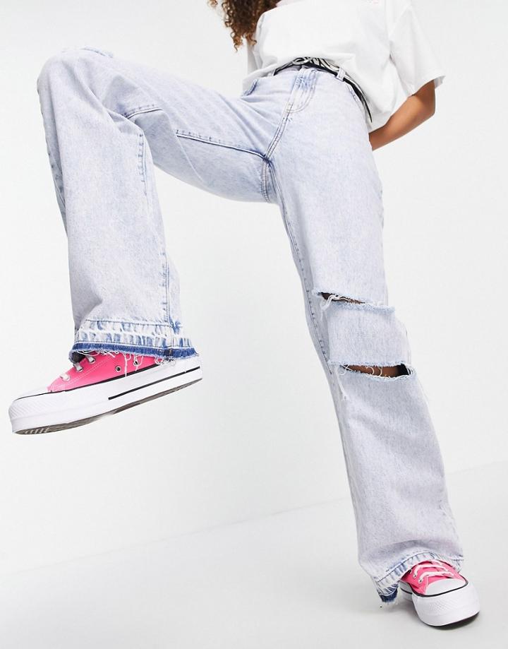 Bershka 90s Wide Leg Jean With Rips In Bleach Blue Wash-blues