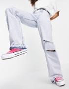 Bershka 90s Wide Leg Jean With Rips In Bleach Blue Wash-blues