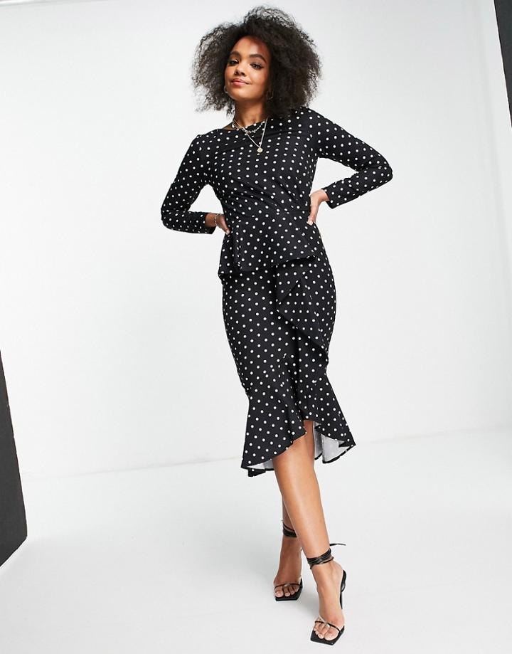 Little Mistress Ruffle Wrap Polka Print Midi Dress In Black