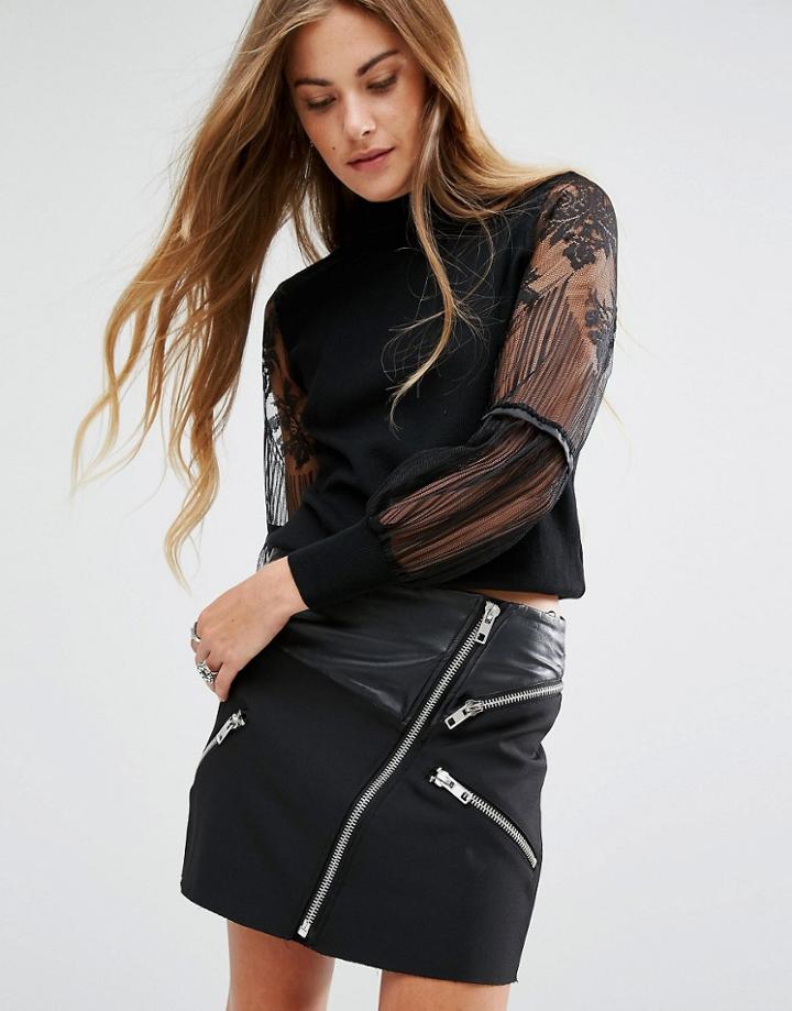 Navy London High Neck Sweater With Lace Insert Sheer Sleeves - Black