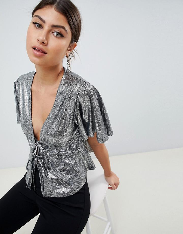 Asos Design Double Tie Top In Metallic - Silver