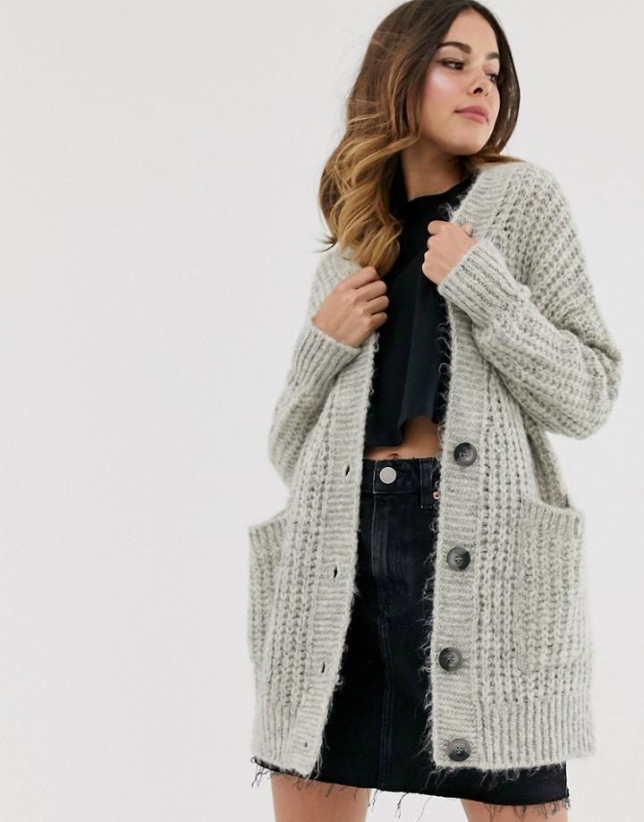 Asos Design Rib Knit Button Cardigan In Oversized Shape - Gray