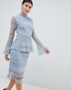 Prettylittlething Lace Bell Sleeve Midi Dress - Blue