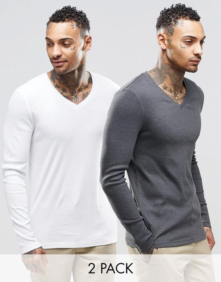 Asos Rib Extreme Muscle Long Sleeve T-shirt With V Neck 2 Pack Save 20% - Multi
