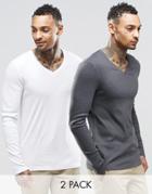 Asos Rib Extreme Muscle Long Sleeve T-shirt With V Neck 2 Pack Save 20% - Multi