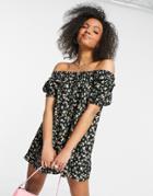 Asos Design Off Shoulder Button Through Swing Romper In Dark Floral-multi