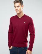 Abercrombie & Fitch V Neck Sweater Icon Logo Fine Knit In Red - Red