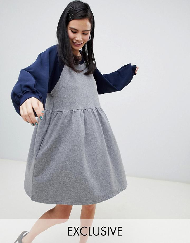 Monki Jersey Color Block Smock Dress In Gray-navy