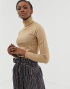 Asos Design Roll Neck Crop Sweater In Rib - Stone