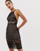 Asos Lace & Mesh Mix Midi Pencil Dress-black