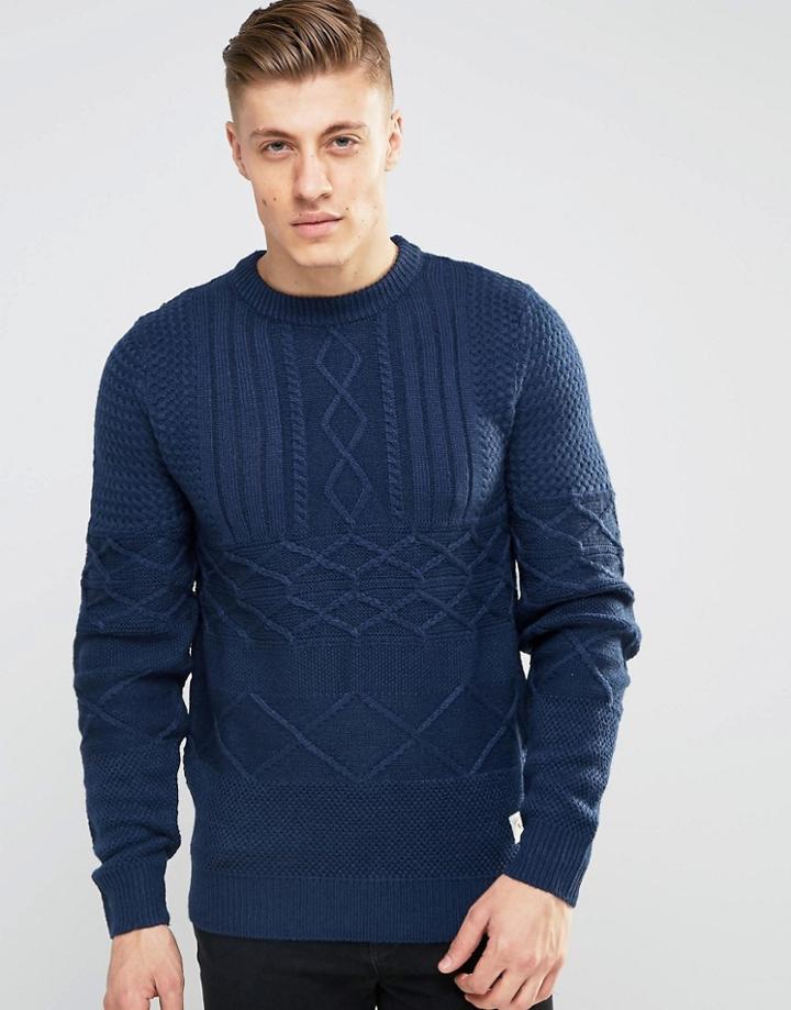 Bellfield Mixed Cable Knitted Sweater - Navy