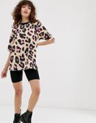 Asos Design Oversized T-shirt In Neon Pink Animal Print-multi