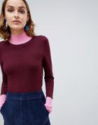 Warehouse Funnel Neck Colourblock Jumper In Burgundy - Multi