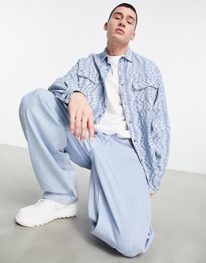 Asos Design 90s Oversized Shirt In Bleachwash Warpy Print-blue