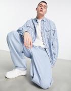 Asos Design 90s Oversized Shirt In Bleachwash Warpy Print-blue