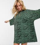 Asos Design Petite Oversized Animal Print T-shirt Dress In Khaki And Black