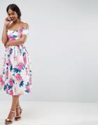 Asos Floral Scallop Off The Shoulder Scuba Prom Dress - Multi