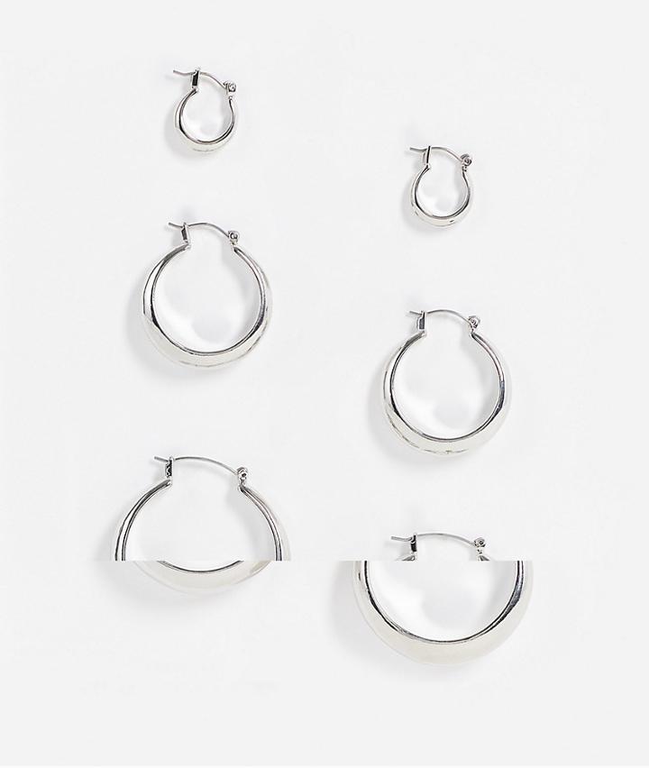 Asos Design Pack Of 3 Hoop Earrings In Curve Design In Silver Tone