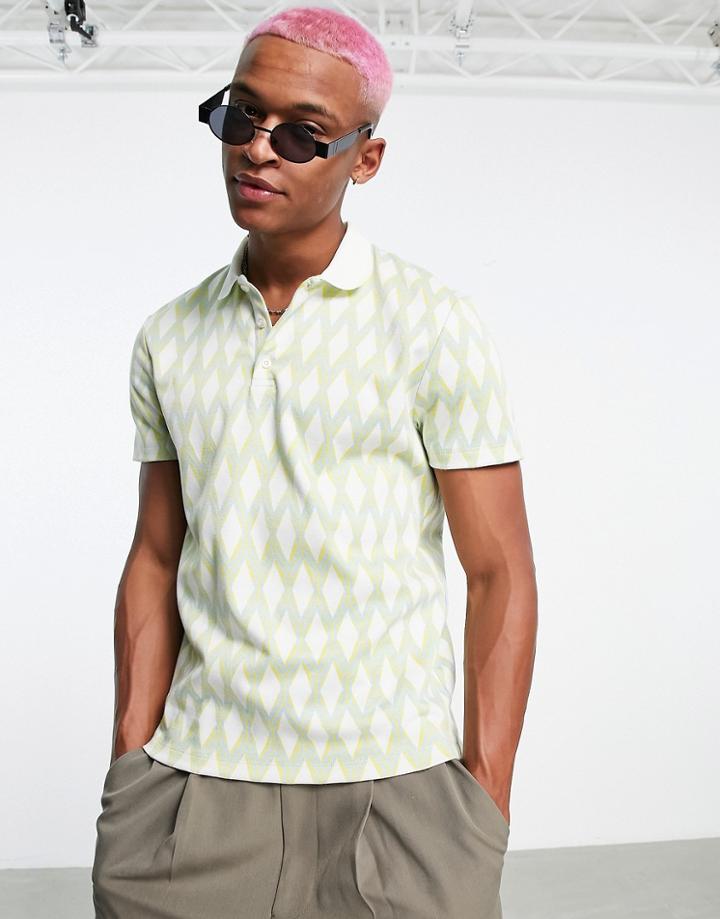 Asos Design Polo T-shirt In Beige Geometric Print-navy