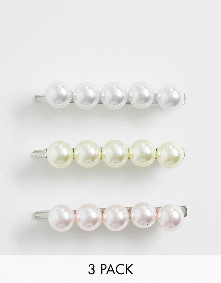 Asos Design Pack Of 3 Hair Clips With Pearls In Pastel Colors - Multi