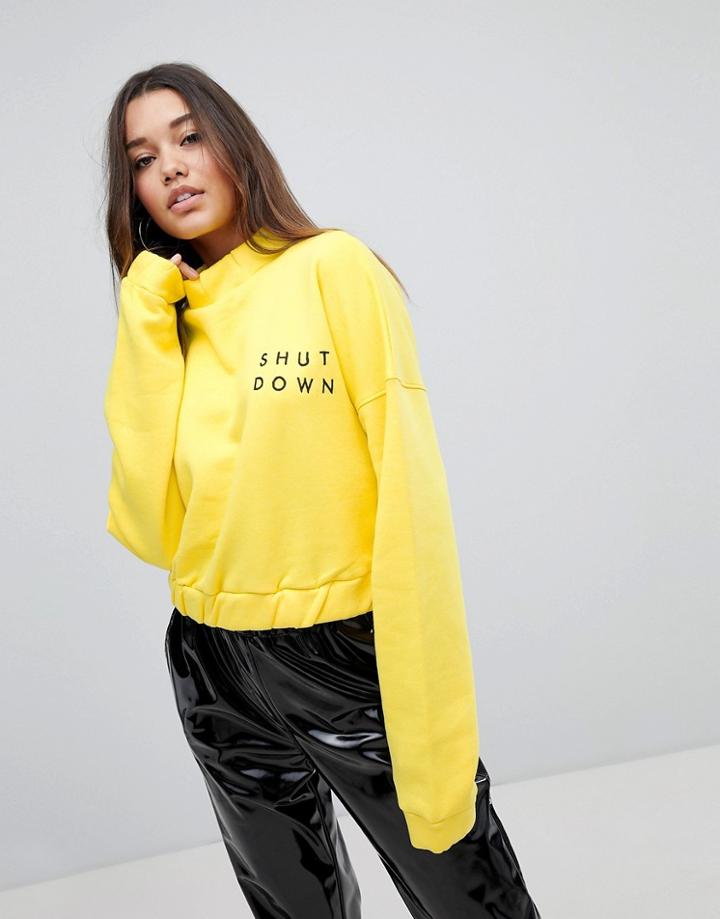 Missguided High Neck Shut Down Slogan Sweater - Yellow