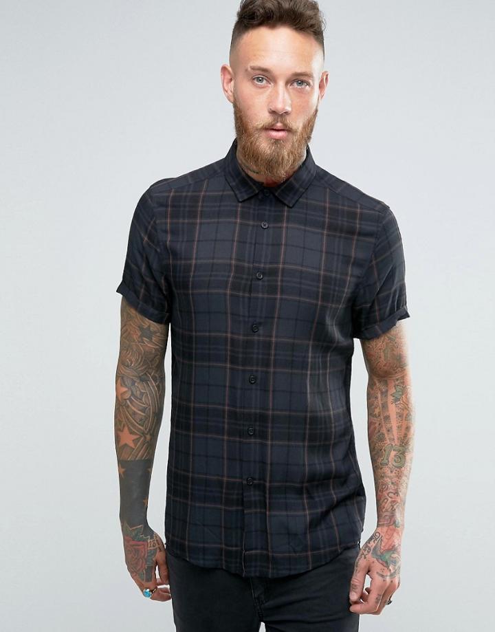 Asos Shirt Viscose Check In Regular Fit - Blue