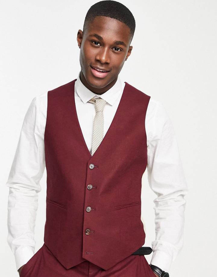 Asos Design Slim Linen Suit Vest In Burgundy-red