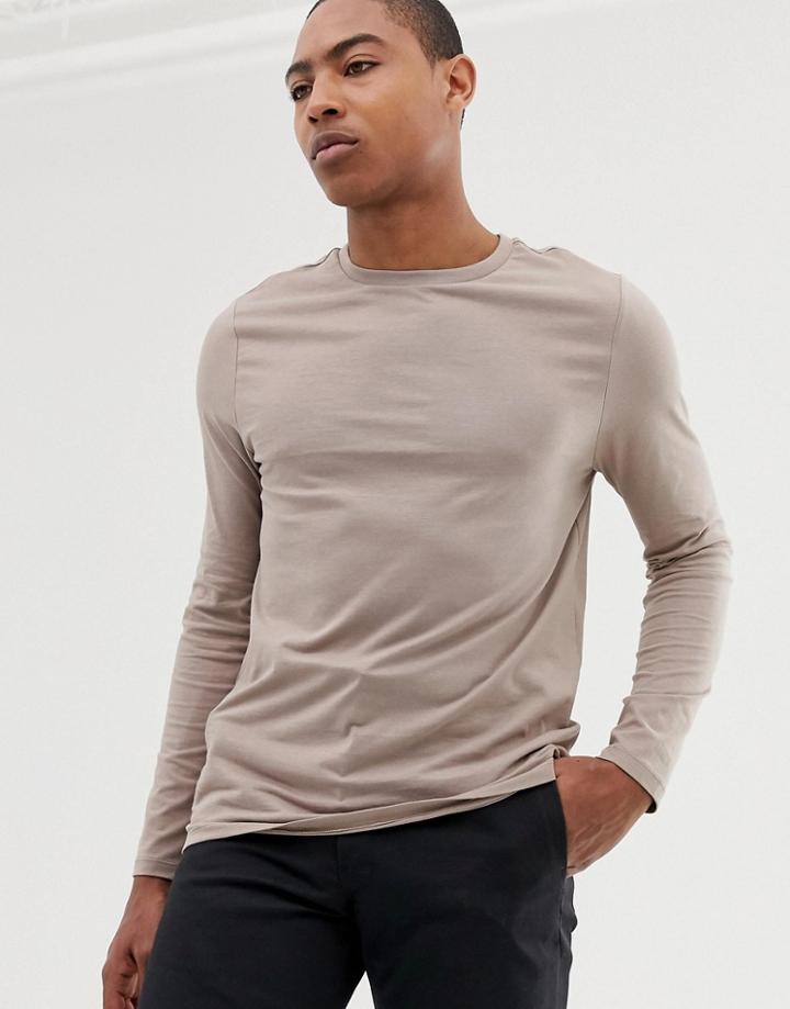 Asos Design Organic Long Sleeve T-shirt With Crew Neck In Beige - Beige