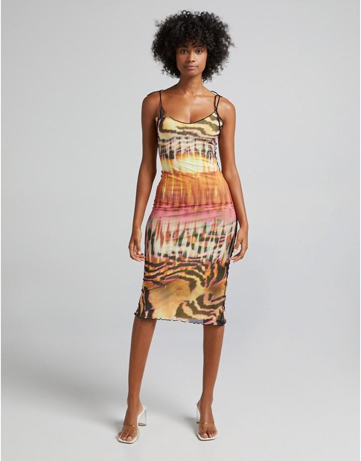 Bershka Midi Printed Mesh Dress In Orange-multi