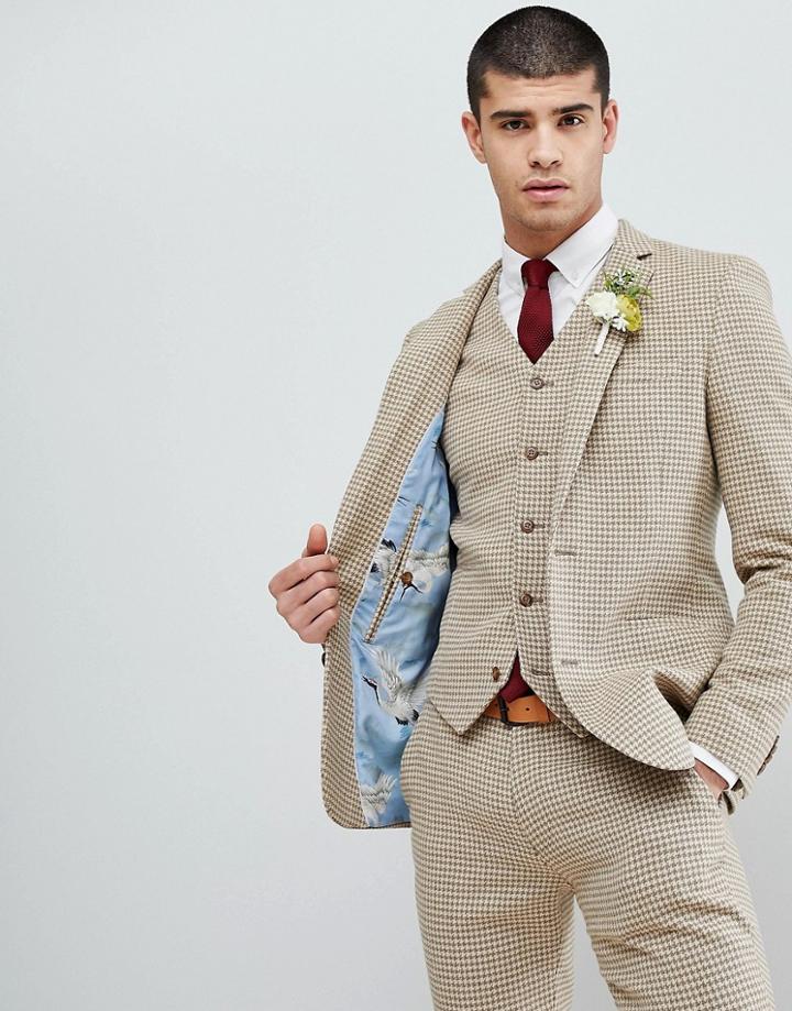 Asos Design Wedding Super Skinny Suit Jacket In Neutral Houndstooth - Beige