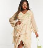 Asos Design Curve Wrap Waist Midi Dress With Double Layer Skirt And Long Sleeve In Floral Print-multi