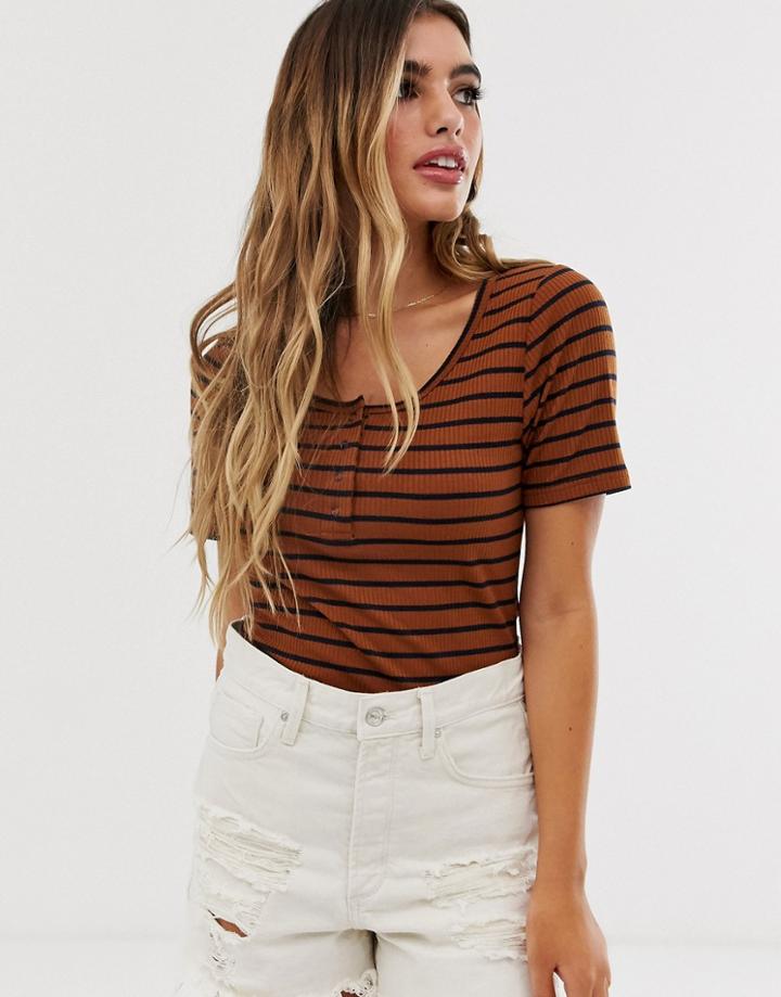 Brave Soul Tianna Top In Stripe With Poppers-brown