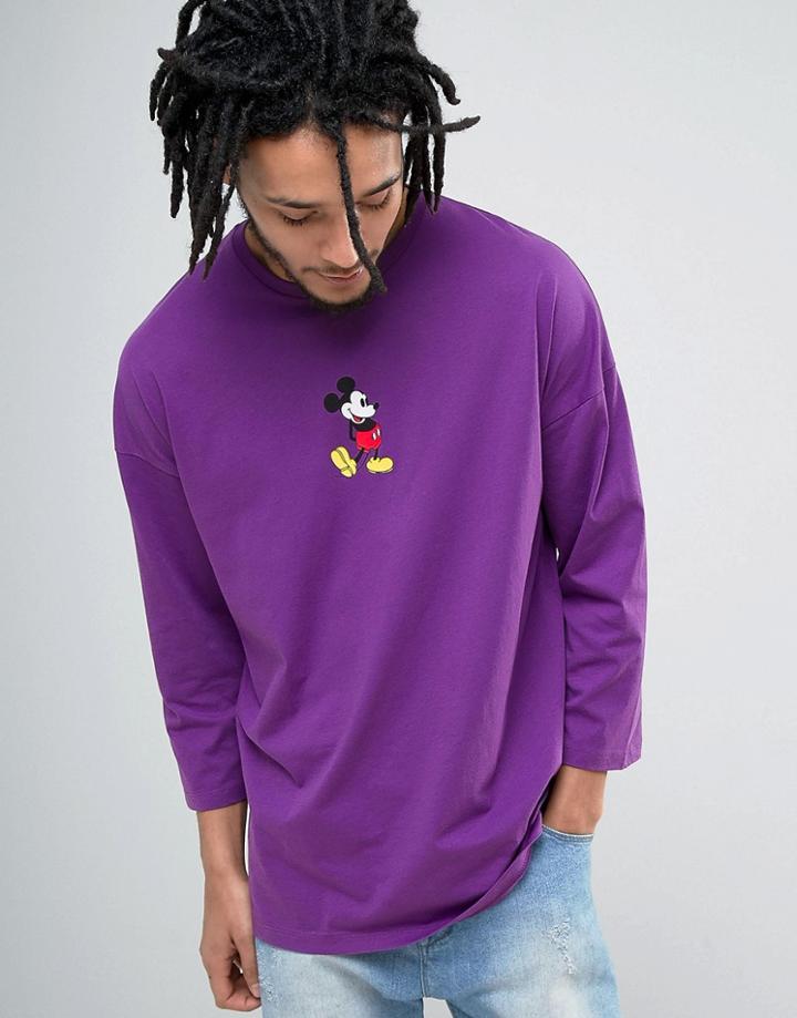 Asos Mickey Mouse Dropped Shoulder Oversized 3/4 Sleeve T-shirt - Purple