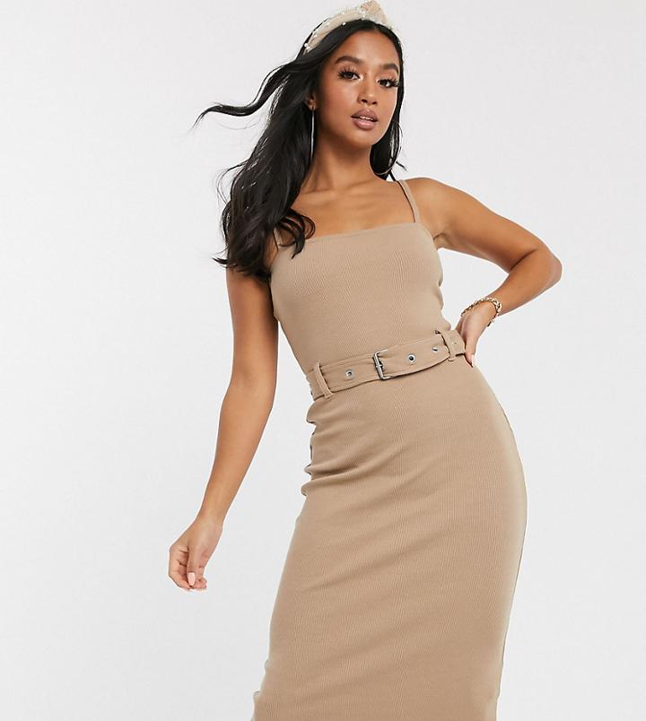 Missguided Petite Ribbed Midi Dress With Belt In Camel-neutral