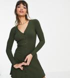 Whistles Exclusive Button Through Ribbed Mini Dress In Khaki-green
