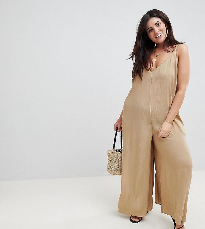 Asos Design Curve Deep V Strap Back Jumpsuit - Green