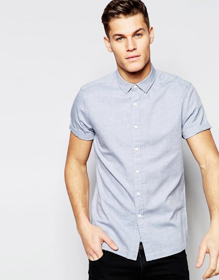 Asos Shirt In Blue Herringbone With Short Sleeves - Blue
