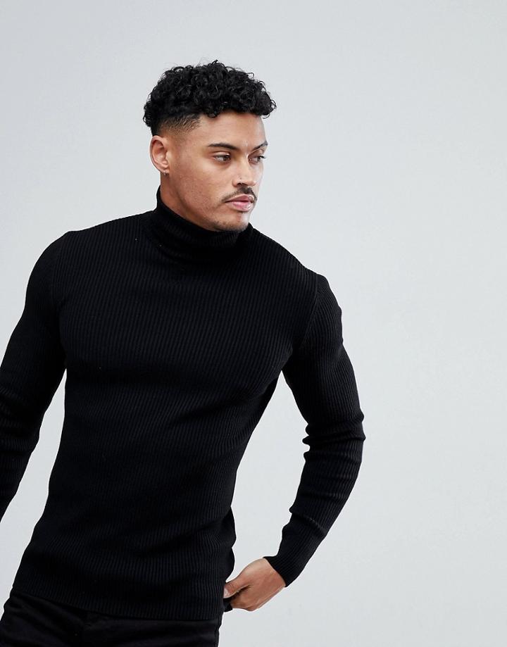 Asos Design Muscle Fit Ribbed Roll Neck Sweater In Black